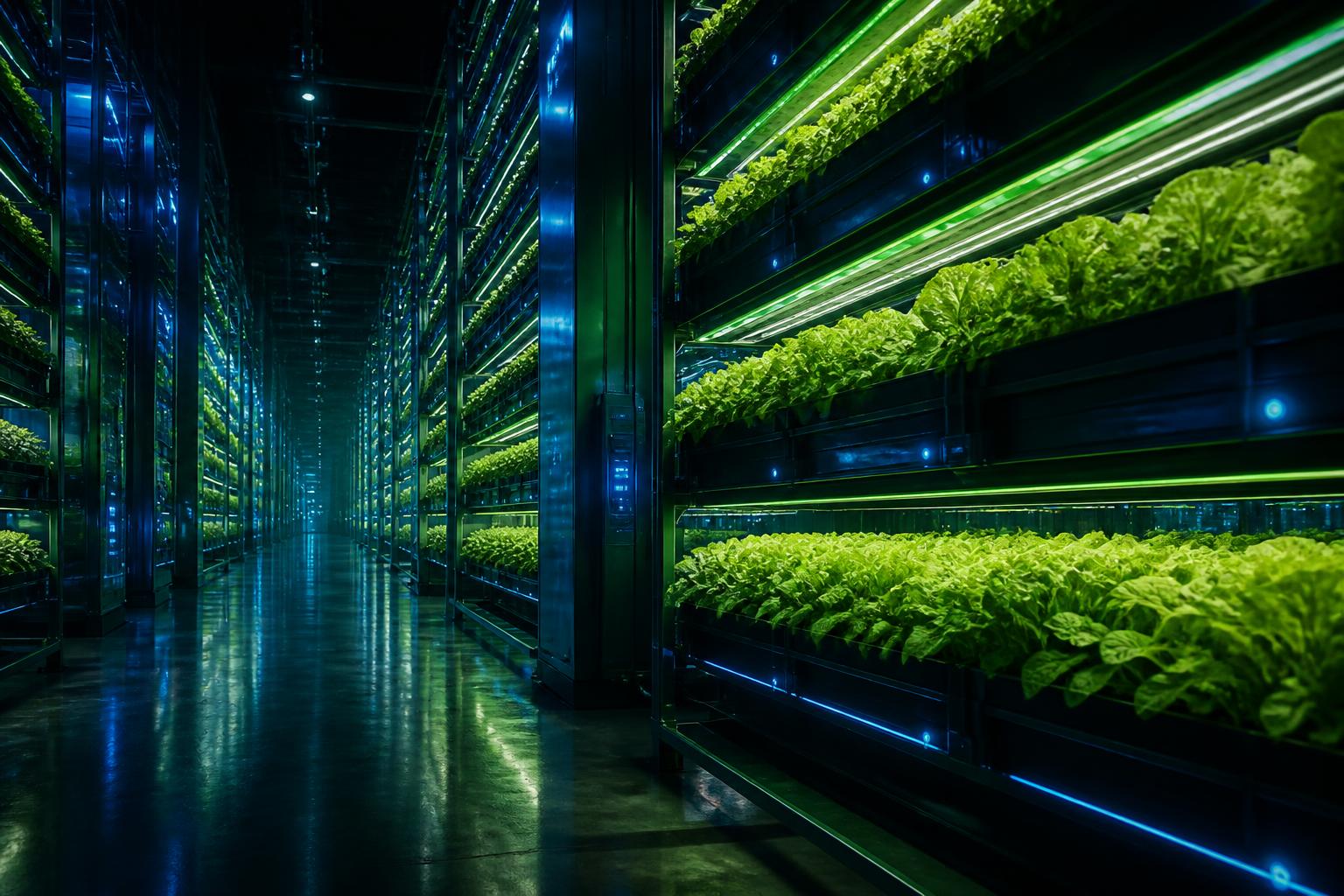 Vertical cultivation racks lit by lime and blue LED lighting