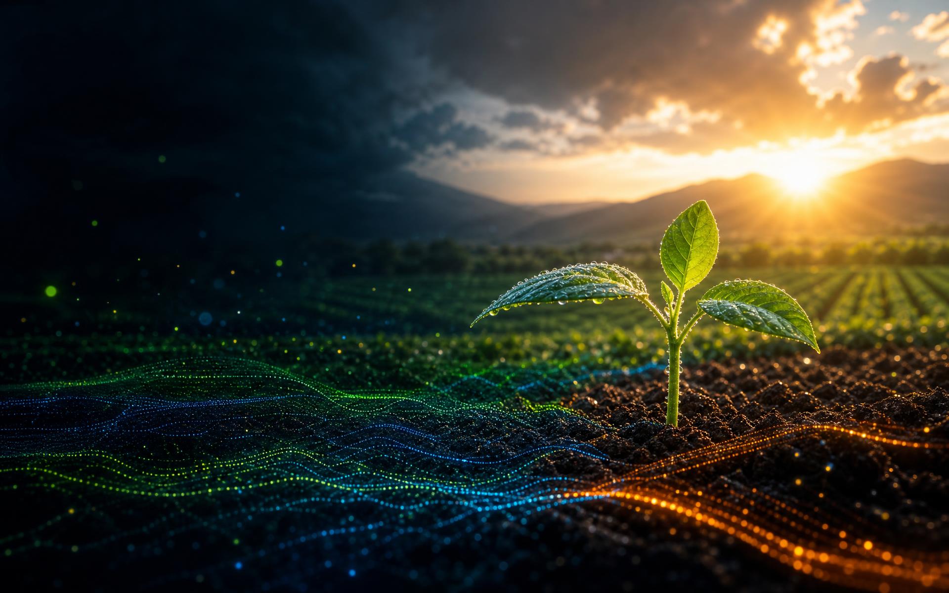 Seedling in dark soil at sunrise over a cultivated field with luminous data waves